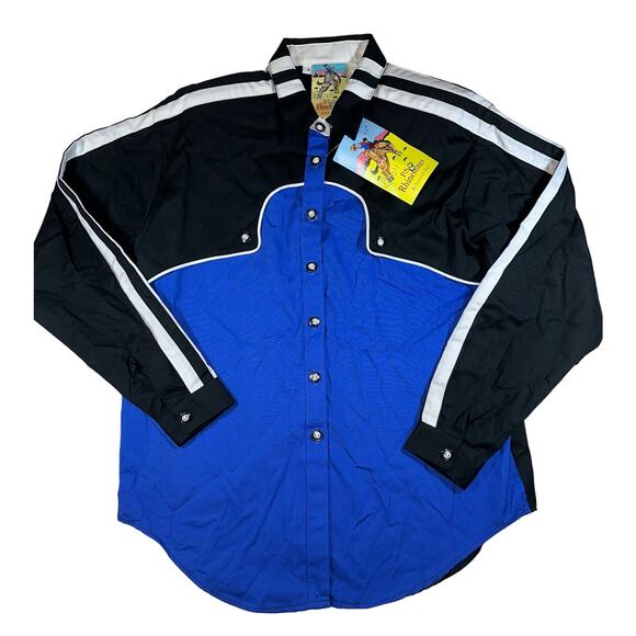 Panhandle Slim Women’s Size Medium Black & Blue Western Rodeo Shirt White Piping - Picture 1 of 6